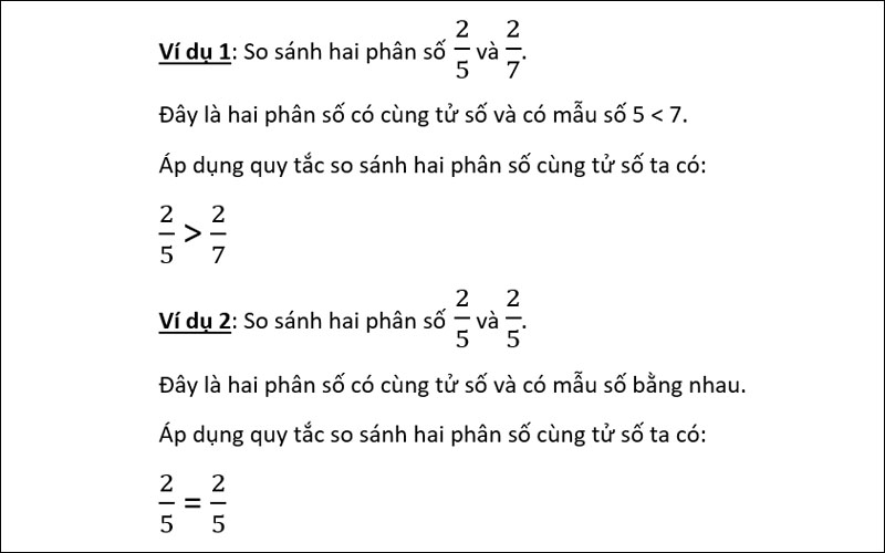 Ví dụ so sánh hai phân số cùng tử số